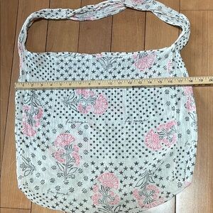 Free People Light Blue Cotton Floral Shoulder Tote with Pink Accents